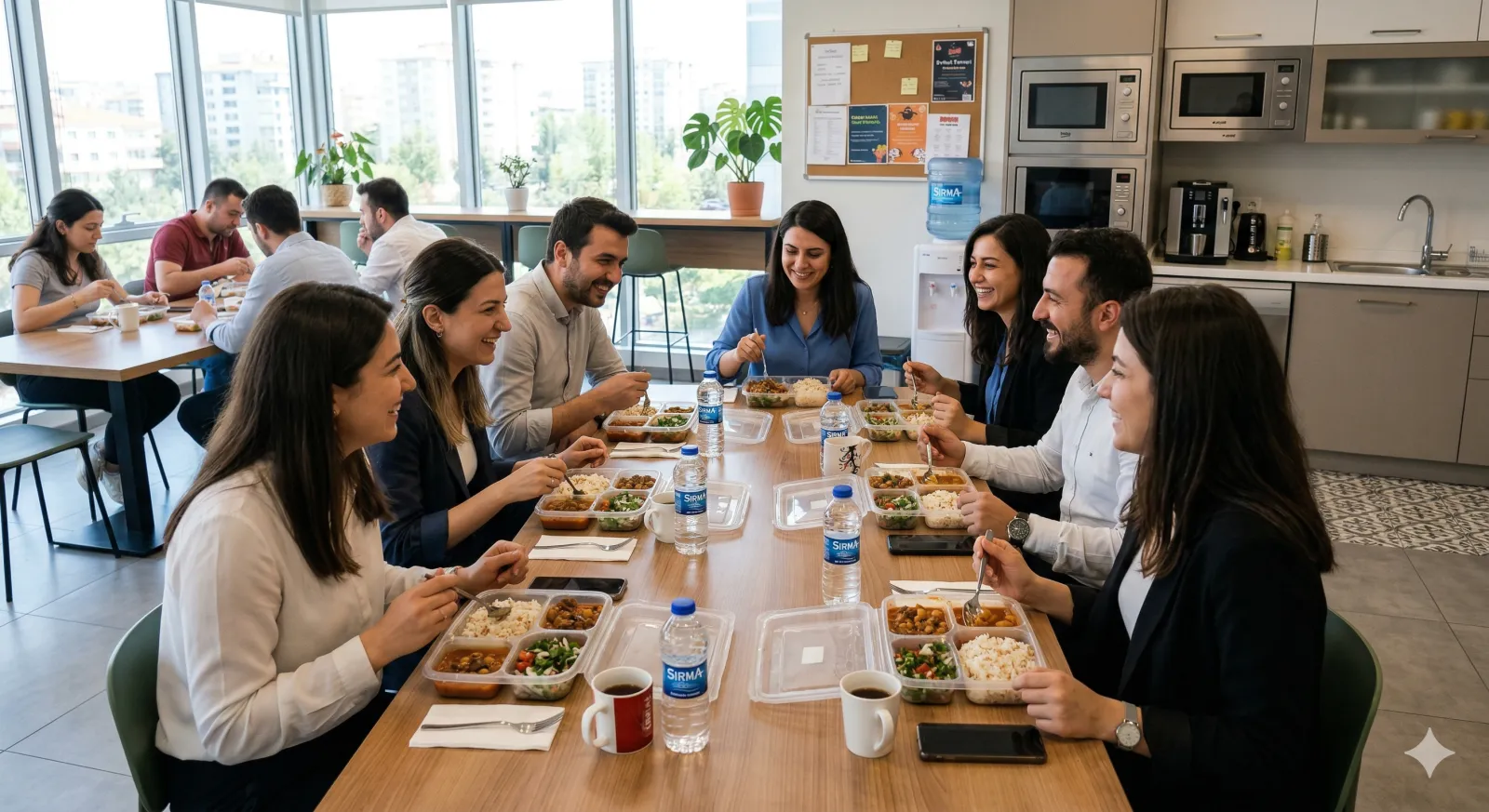 Modern office cafeteria at lunch hour