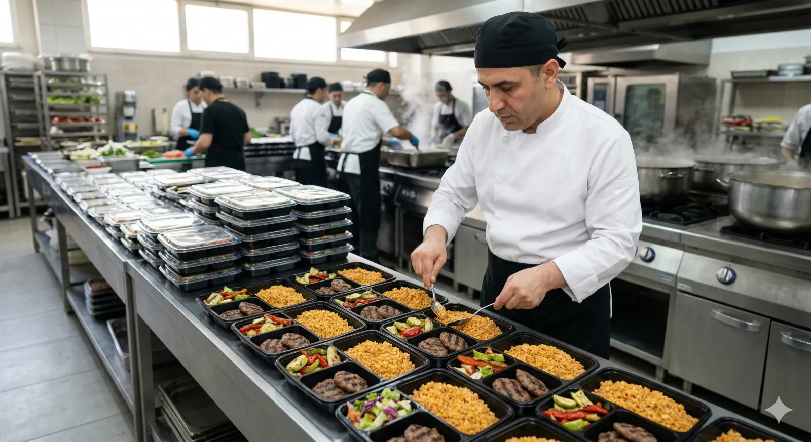 A chef plating a meal for group service